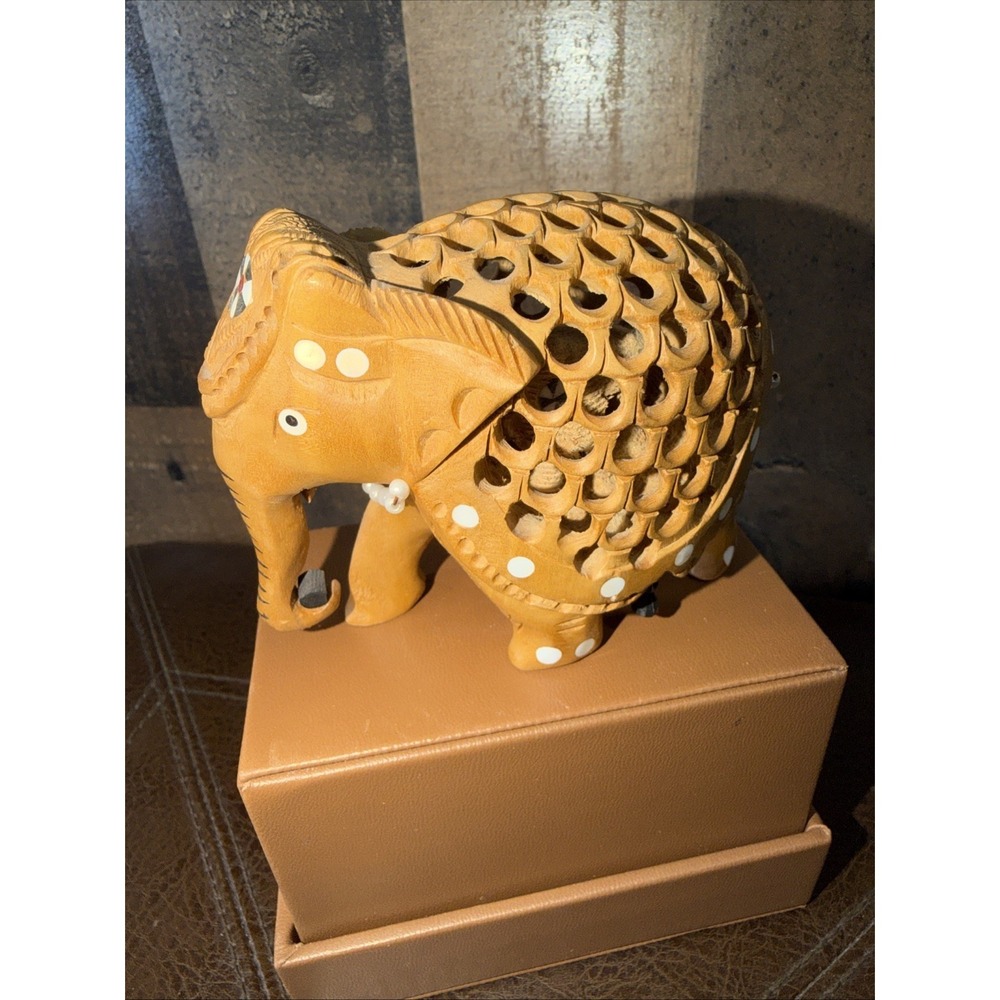 Hand Carved Wooden Pregnant Elephant Jali Undercut Lattice Figurine India‎ Art